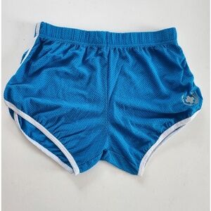 Andrew Christian Mens Blue Mesh Athletic Shorts Dolphin Style Logo Large 6422